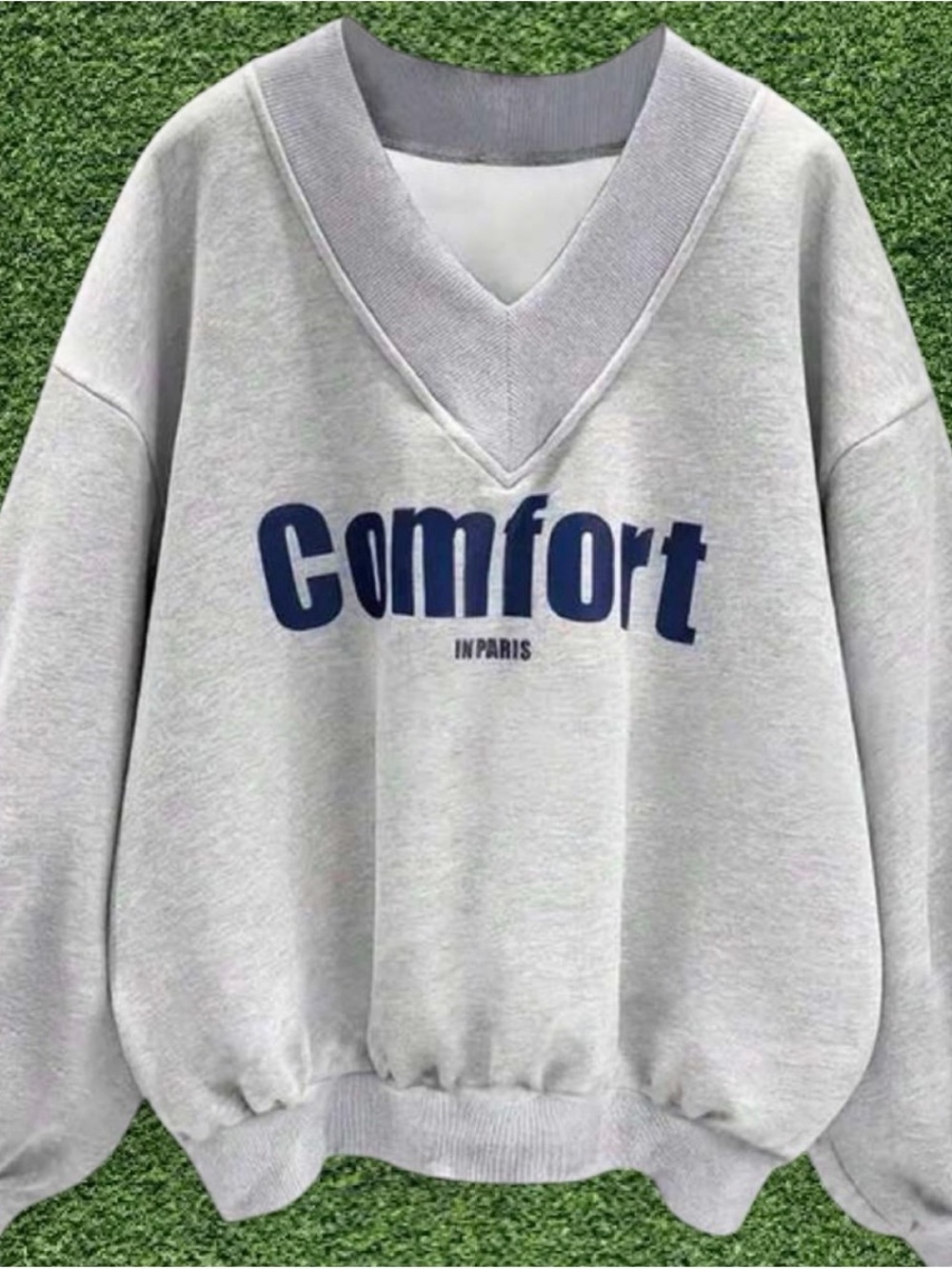 Comfort V-Neck Women's Sweatshirt - Light Gray with Navy Print